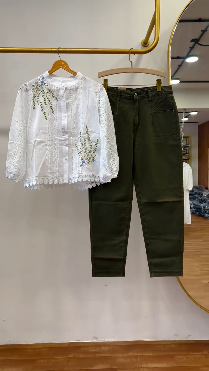 Elegant White Top & Olive Pants Combo – Minimal Chic Look