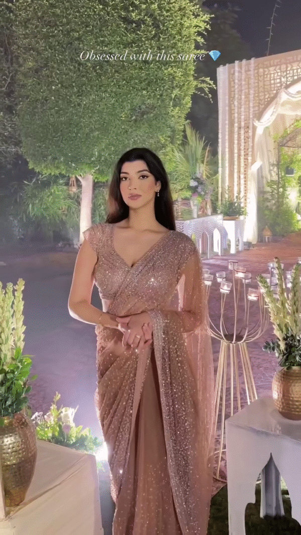 Sheer Elegance: Shimmering Peach Net Saree for Evening Glamour - Image 2