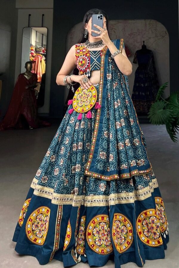 Traditional Gujarati Mirror Work Lehenga Choli in Teal Blue - Image 5
