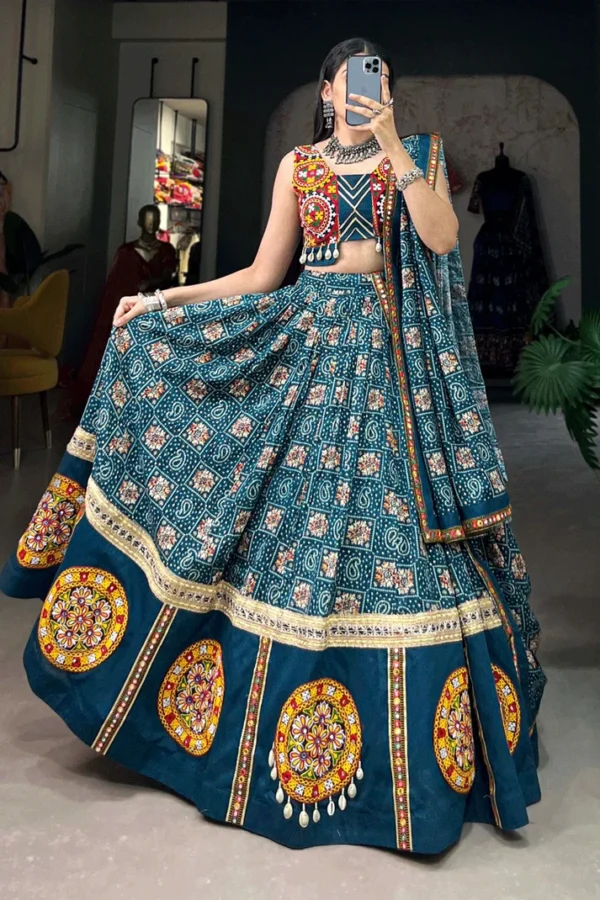 Traditional Gujarati Mirror Work Lehenga Choli in Teal Blue - Image 4