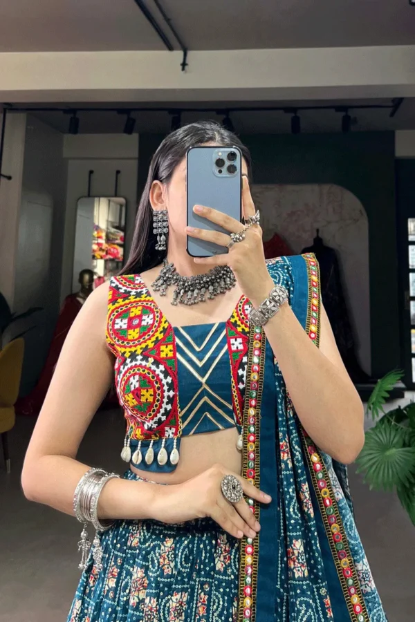 Traditional Gujarati Mirror Work Lehenga Choli in Teal Blue - Image 3