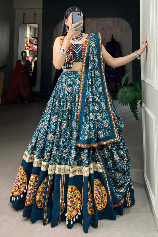 Traditional Gujarati Mirror Work Lehenga Choli in Teal Blue