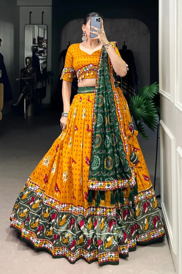 Mustard Yellow and Green Embroidered Lehenga with Classic Rajasthani Motifs - Image 4