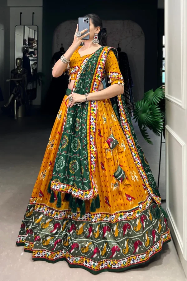 Mustard Yellow and Green Embroidered Lehenga with Classic Rajasthani Motifs