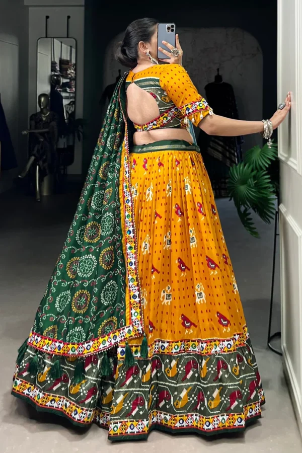 Mustard Yellow and Green Embroidered Lehenga with Classic Rajasthani Motifs - Image 3