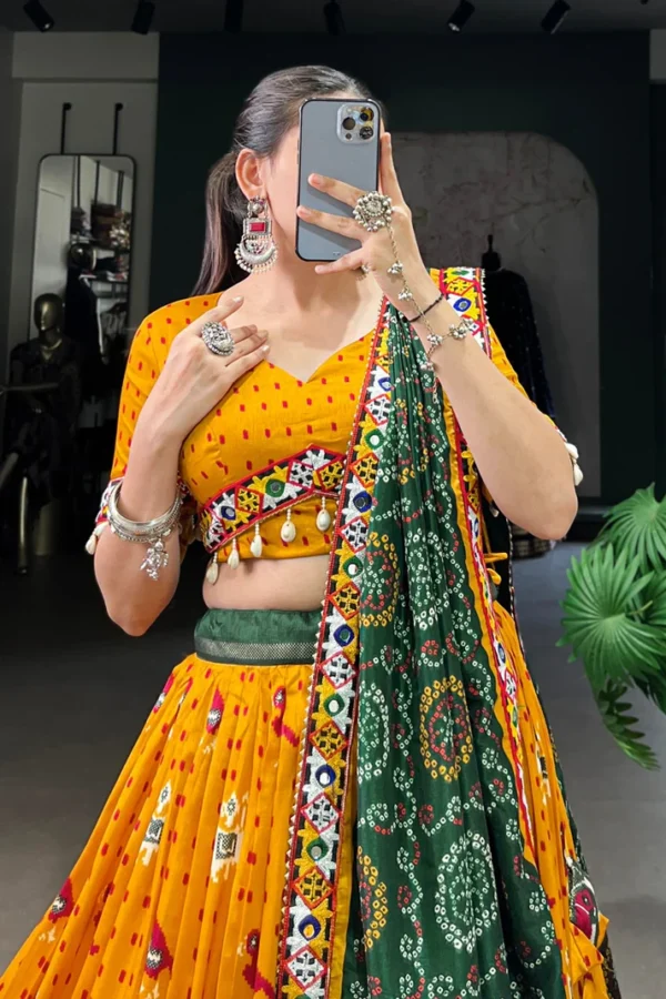 Mustard Yellow and Green Embroidered Lehenga with Classic Rajasthani Motifs - Image 2