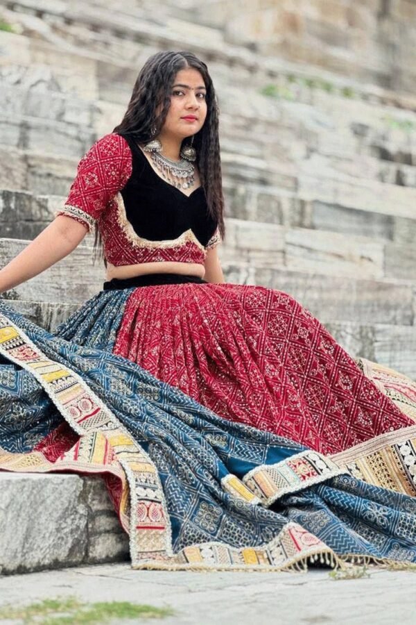 Classic Red Bandhani and Brocade Patchwork Wedding Lehenga - Image 4
