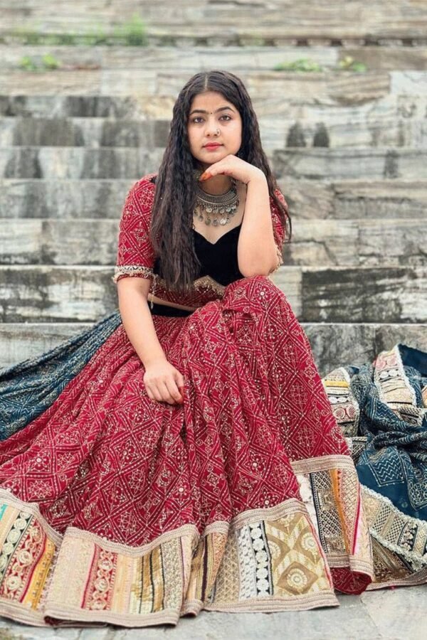Classic Red Bandhani and Brocade Patchwork Wedding Lehenga