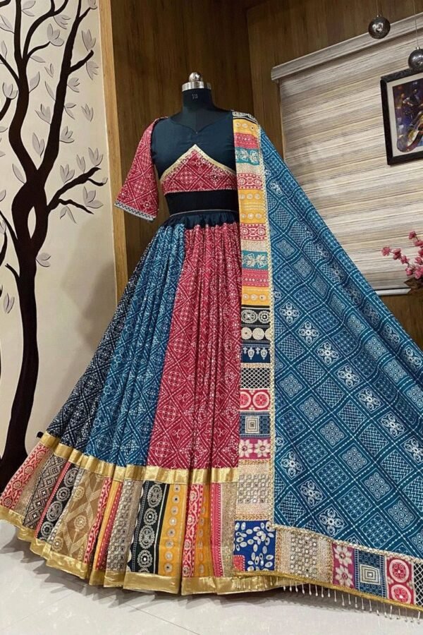 Classic Red Bandhani and Brocade Patchwork Wedding Lehenga - Image 2