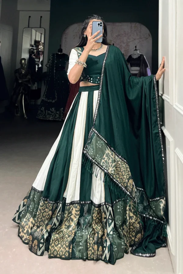 Emerald Green and Ivory Graceful Lehenga with Ethnic Print Borders - Image 2