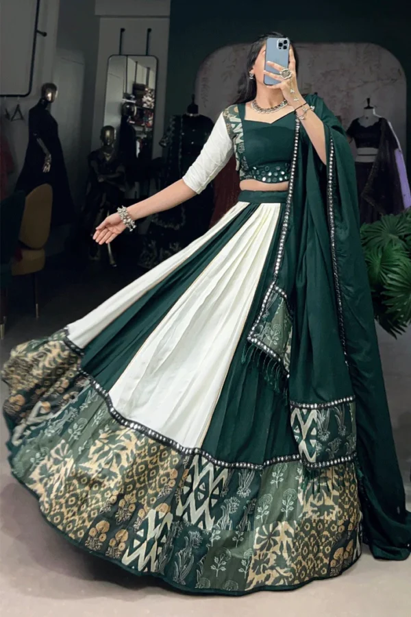 Emerald Green and Ivory Graceful Lehenga with Ethnic Print Borders - Image 4