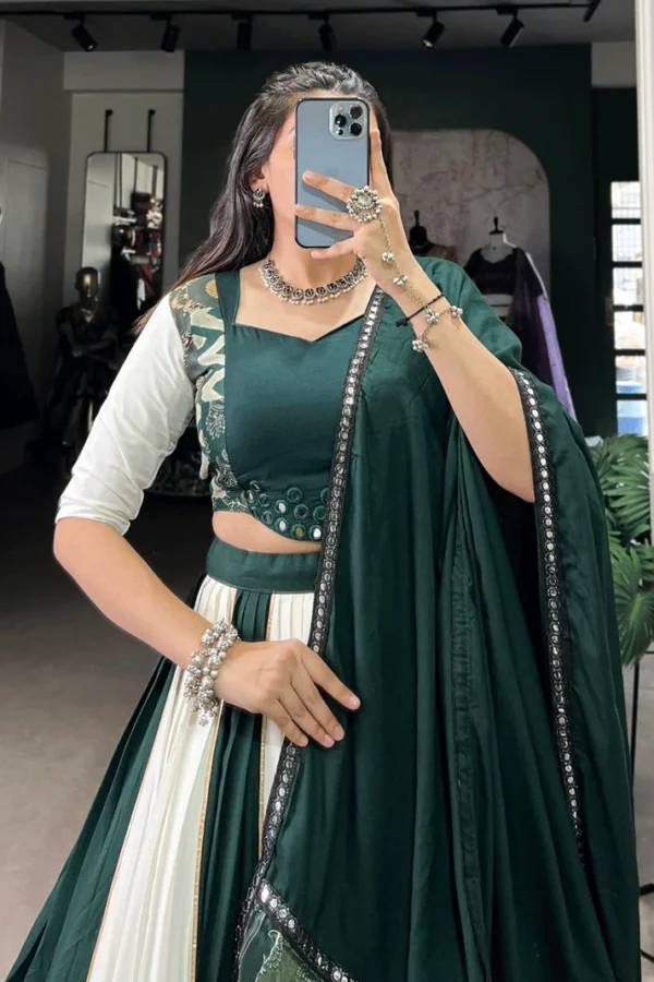 Emerald Green and Ivory Graceful Lehenga with Ethnic Print Borders - Image 5