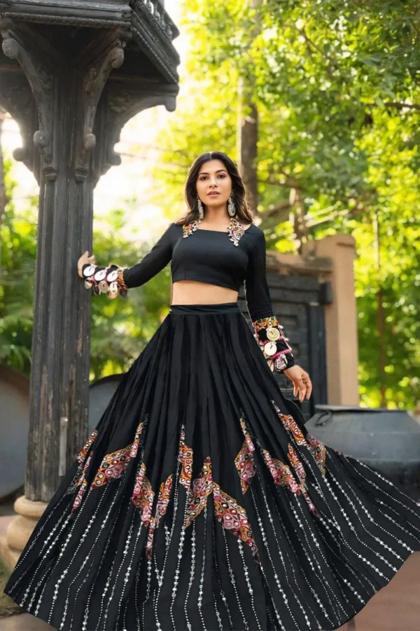 Black and Multicolor Fusion Navratri Lehenga with Mirror and Patchwork Details - Image 4