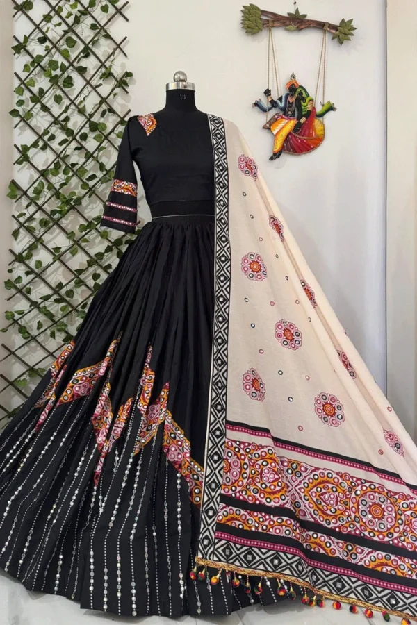 Black and Multicolor Fusion Navratri Lehenga with Mirror and Patchwork Details - Image 2