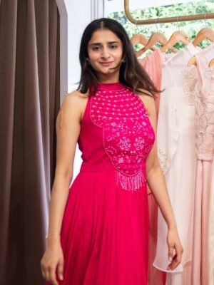 Radiant Ruby Embroidered Halter Gown