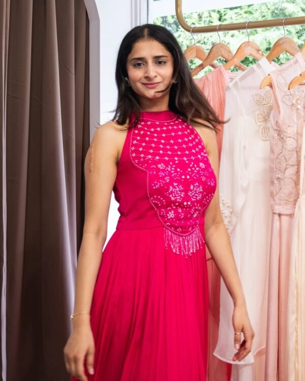 Radiant Ruby Embroidered Halter Gown