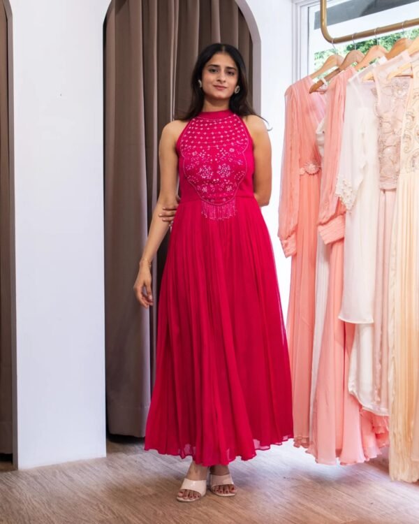 Radiant Ruby Embroidered Halter Gown - Image 3