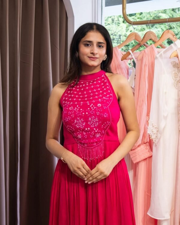 Radiant Ruby Embroidered Halter Gown - Image 2