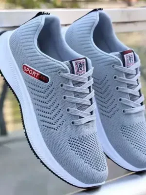Cool Grey Knitted Sport Sneakers with Red Detail