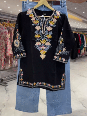 Elegant Black Embroidered Kurti with Light Blue Denim – A Perfect Blend of Tradition and Modernity
