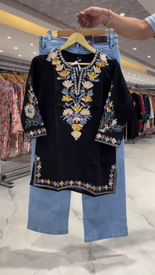 Elegant Black Embroidered Kurti with Light Blue Denim – A Perfect Blend of Tradition and Modernity