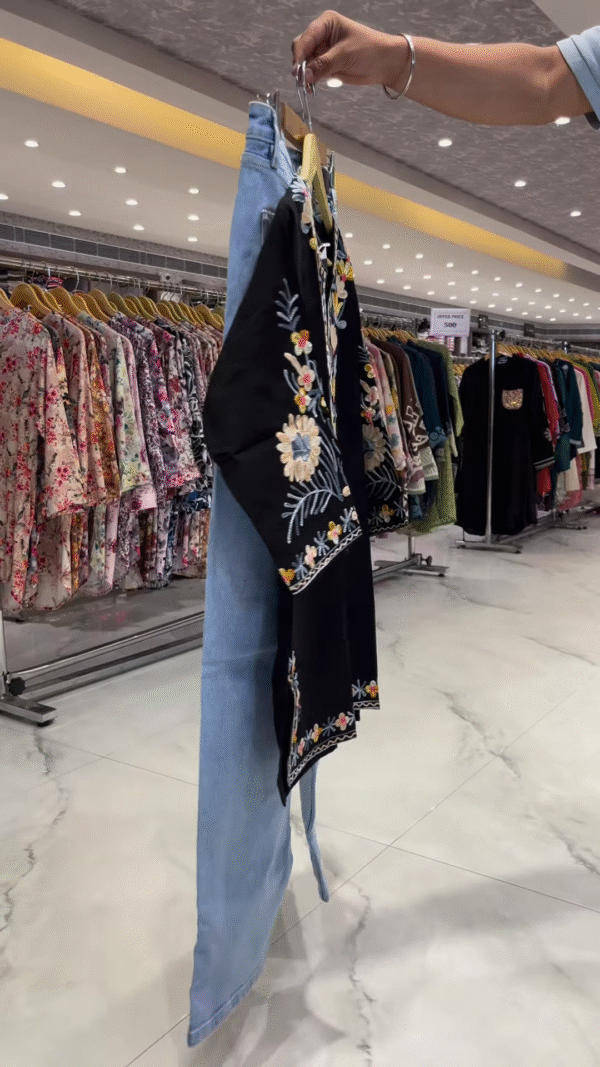 Elegant Black Embroidered Kurti with Light Blue Denim – A Perfect Blend of Tradition and Modernity - Image 5