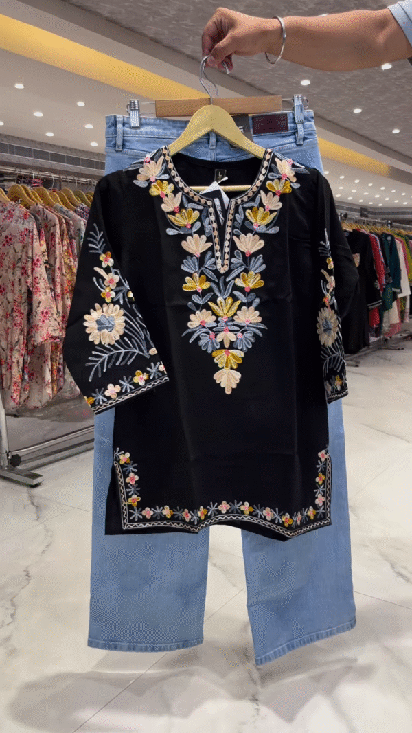 Elegant Black Embroidered Kurti with Light Blue Denim – A Perfect Blend of Tradition and Modernity - Image 2