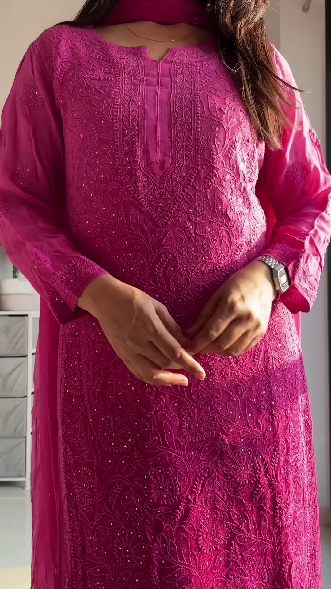 Elegant Chikankari Kurta Set – Blue & Pink - Image 5